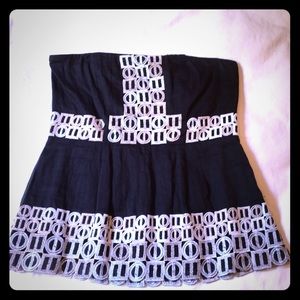 Black Strapless Top with Geometric Embroidery